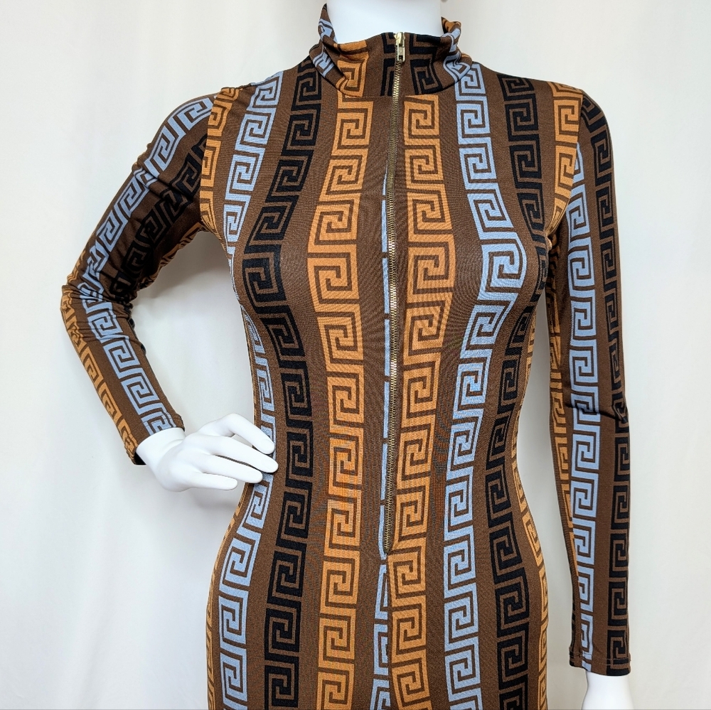 Greek Key Pattern Brown & Light Blue Half Zip Mock Neck Long Sleeve Jumpsuit - Picture 6 of 11